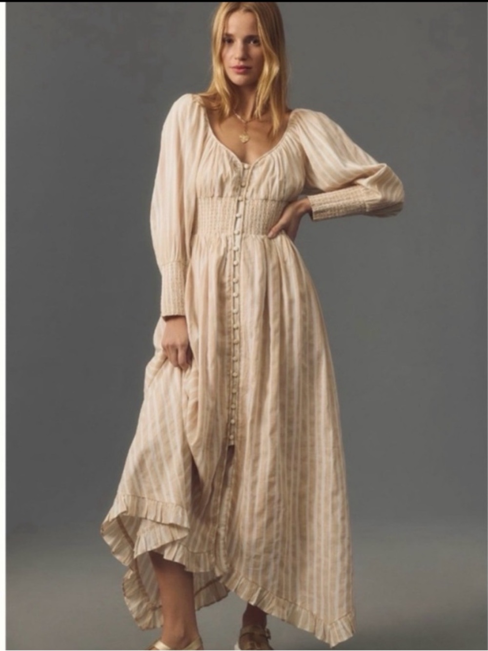 NWT Anthro Smocked-Waist Stripe Button front Romantic Maxi Dress, size L - Picture 9 of 10